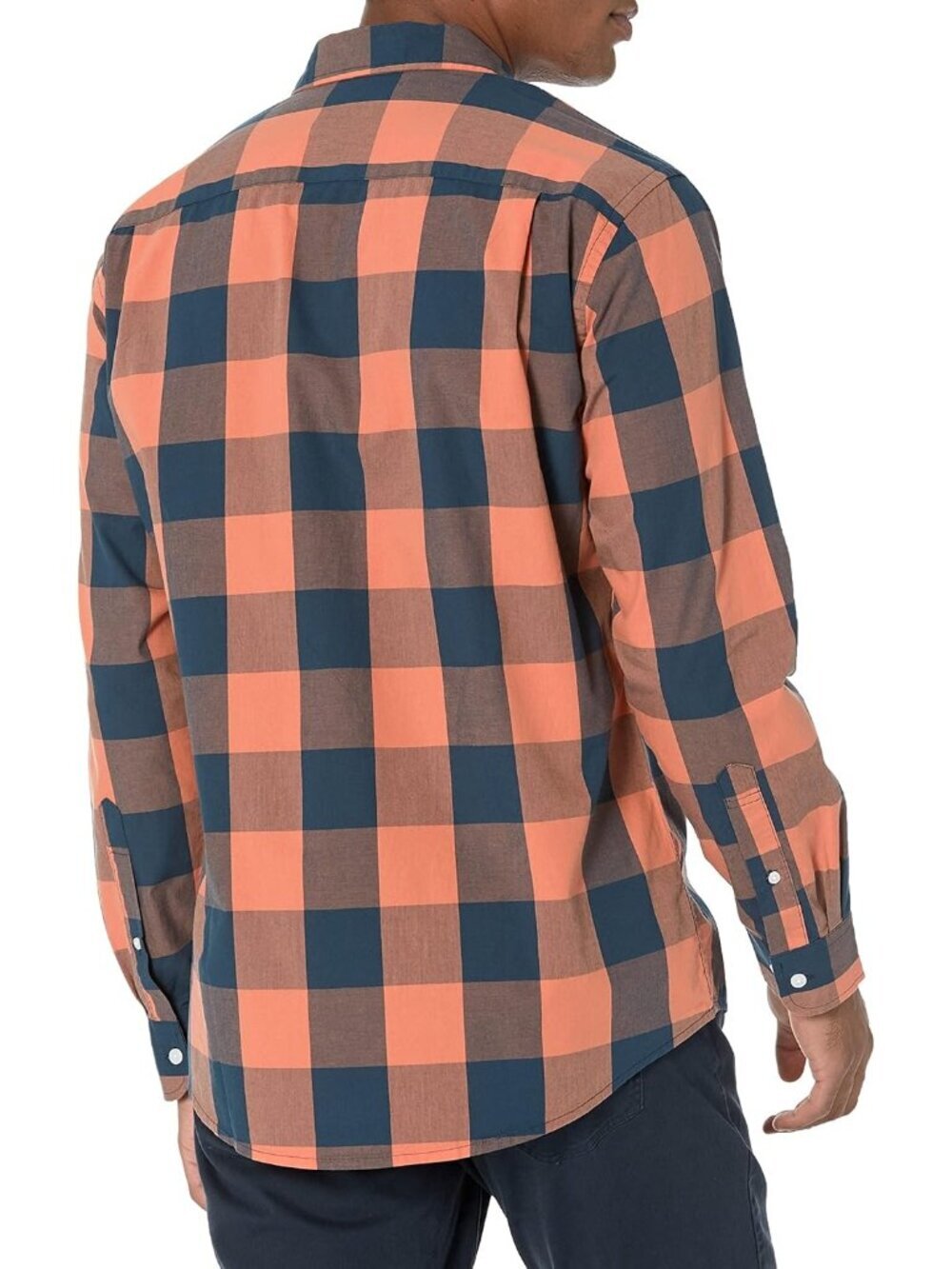 Men's Navy Orange Buffalo 100% Cotton Imported Long-Sleeve Casual Poplin Shirt - Picture 3 of 5